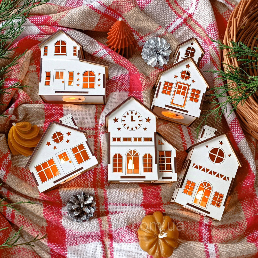 Рождественские домики с подсветкой - новогодний декор из дерева, комплект 5 шт. Ирпень - изображение 1
