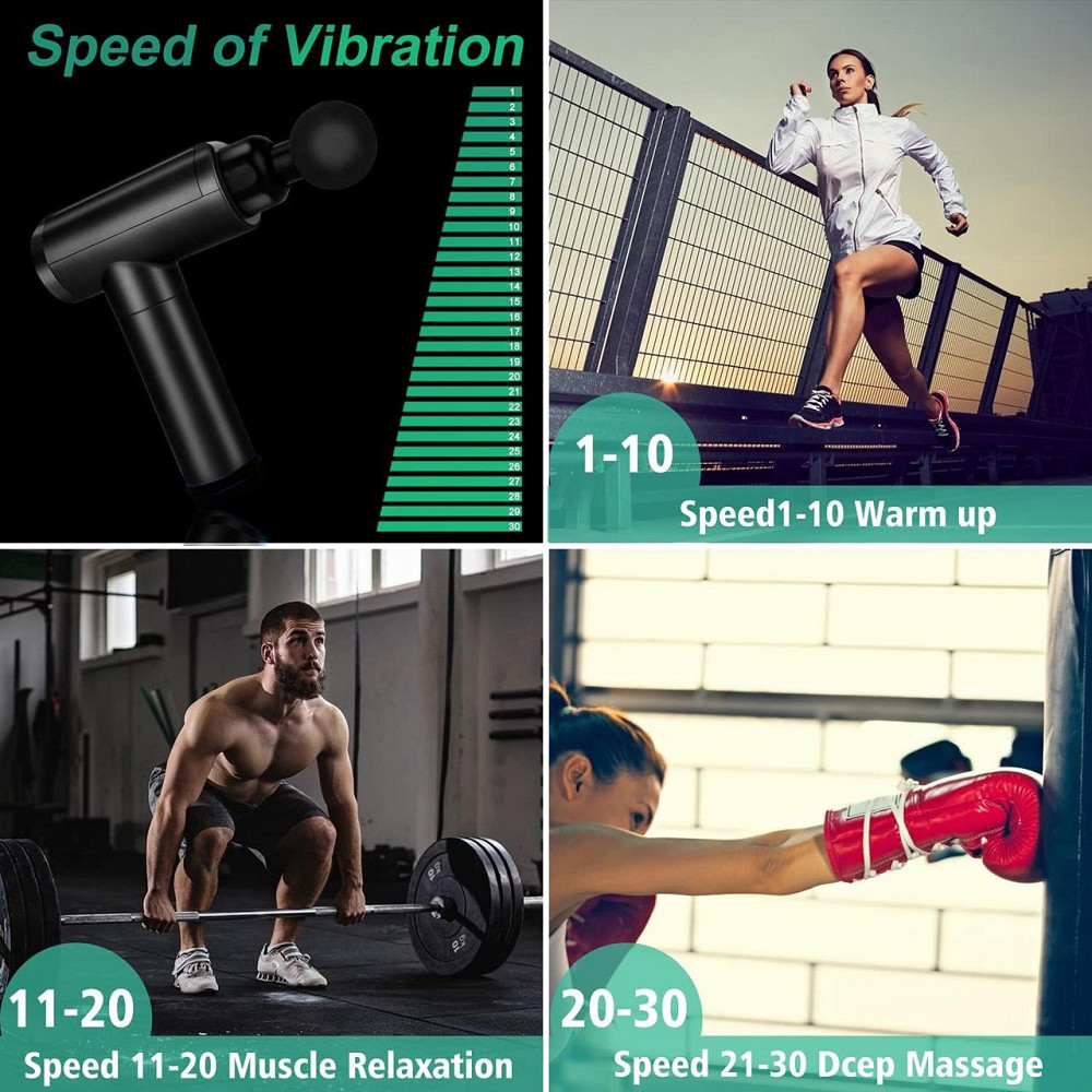Перкуссионный массажер Cholas Massage Gun, 30 скоростей, 6 насадок, LED-дисплей, 2400 мА·ч, черный Киев - изображение 13
