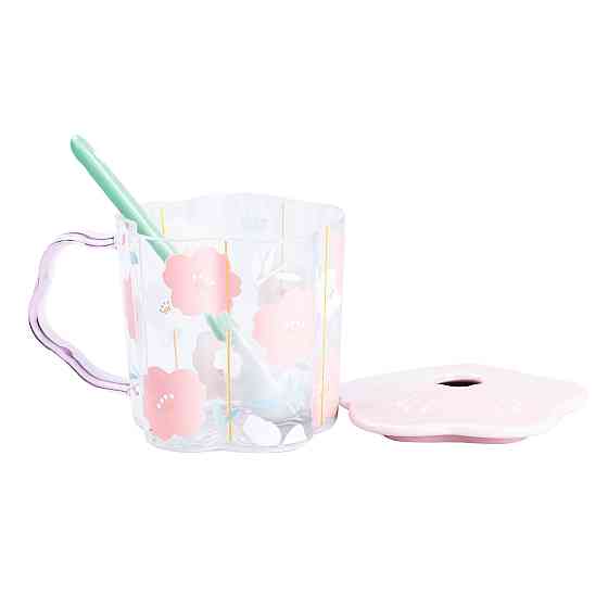 Happy Life Чашка скляна 500 мл з ложкою і кришкою Рожевий HP7213P Київ