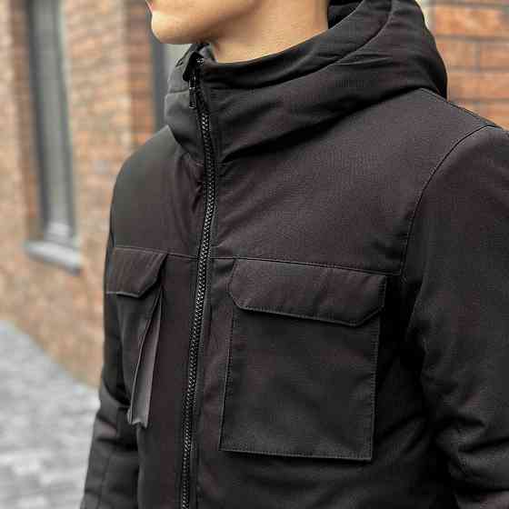 Парка чоловіча зимова з капюшоном чорно-сіра Pobedov Alpina Київ