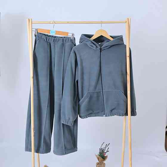 Дитячий теплий Флісовий термо костюм (спідниця з капюшоном + штани палаццо) оливковий 128 Кам'янець-Подільський