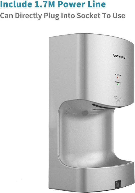 Сушарка для рук anydry 2630TS автоматична електрична настінна 1400-1650W сіра срібна потужна, електросушарка для туалету Київ - фото 3