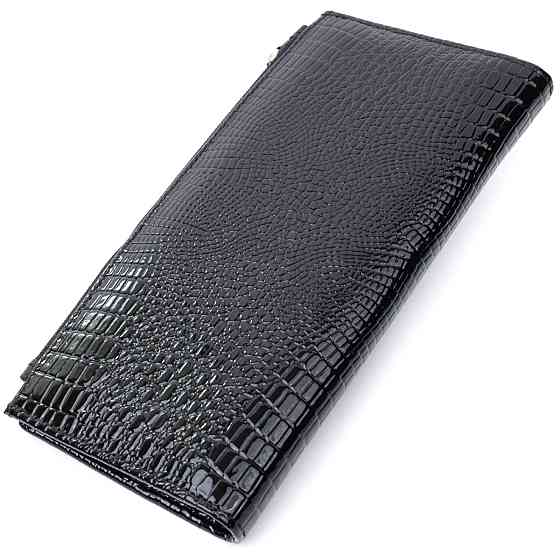 Лакированный тонкий кошелек с фактурой под рептилию из натуральной кожи Черный (ST Leather) Киев