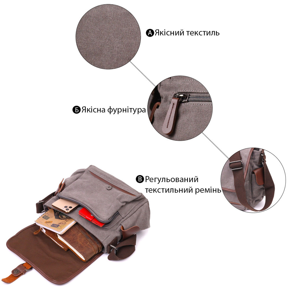 Практична горизонтальна чоловіча сумка з текстилю Сіра (Vintage) Київ - фото 8