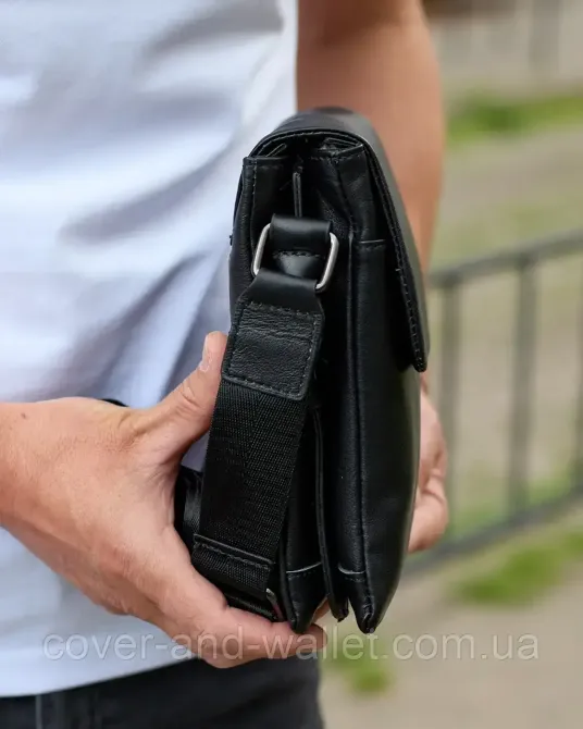 Мужская сумка на плечо из натуральной черной кожи с навесным клапаном Puos Киев - изображение 2