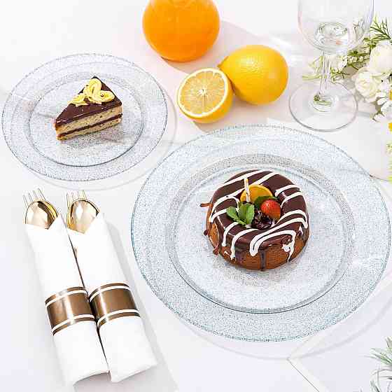 Набір тарілок пластикових круглі 4 шт, десертні 19 см і обідні 26 см, сині прозорі з блискітками Кам'янець-Подільський