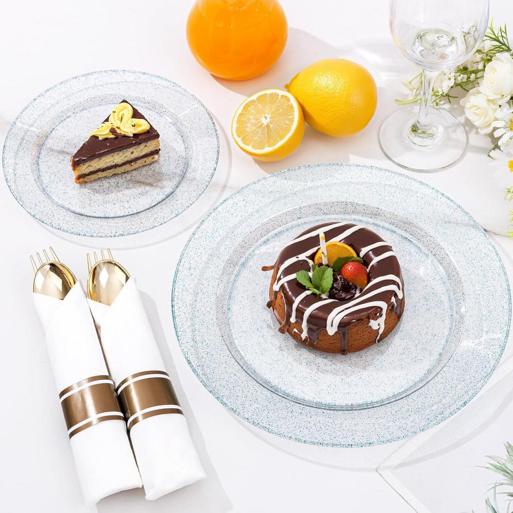 Набор тарелок пластиковых круглые 4 шт, десертные 19 см и обеденные 26 см,синие прозрачные с блёстками Каменец-Подольский - изображение 2