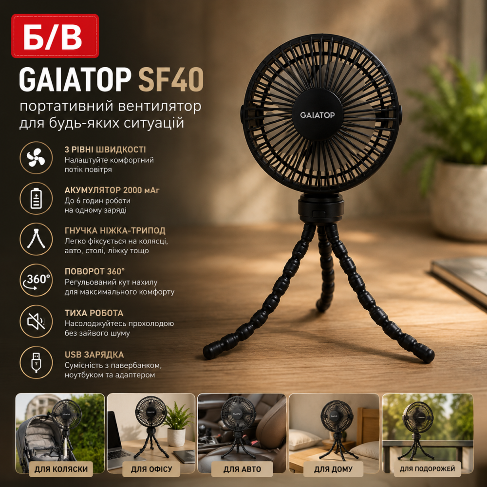 Б/В Портативний вентилятор Gaiatop SF40 2000 мАг, 3 швидкості, гнучка ніжка, USB, поворот 360°, для коляски й авто Київ - фото 7