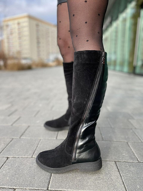 Чоботи жіночі зимові комбіновані натуральна шкіра + замша чорні на низькому ходу 5191 Коломыя - изображение 1