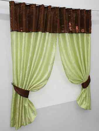 Кухонные шторы VR-Textil № 073к с ламбрекеном и подхватами салатовый с коричневым 275х170 см (52-0054) Киев