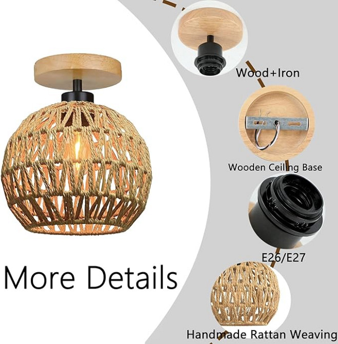 Стильна стельова люстра в Еко-стилі (Плетений абажур + Дерево) Луцьк - фото 2