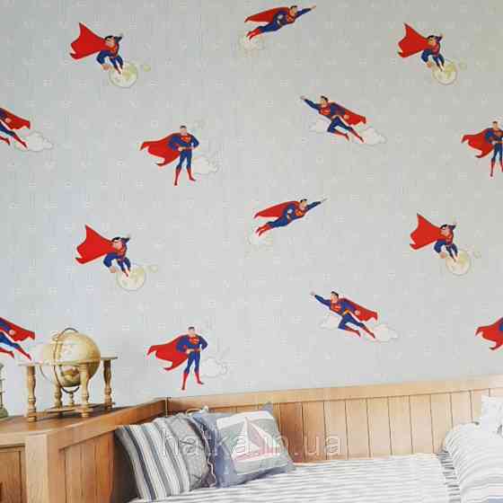 Шпалери вінілові на флізеліні AdaWall Ada Kids метрові дитячі супермен синій на блакитному тлі Київ