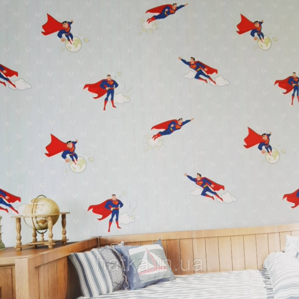 Шпалери вінілові на флізеліні AdaWall Ada Kids метрові дитячі супермен синій на блакитному тлі Київ - фото 1