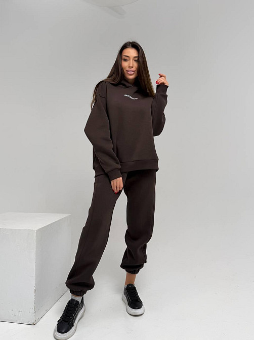 Жіночий стильний спортивний костюм-двійка: худі + штани, тринитка Пен'є на флісі турція Шоколад, 42/44 Одеса - фото 1
