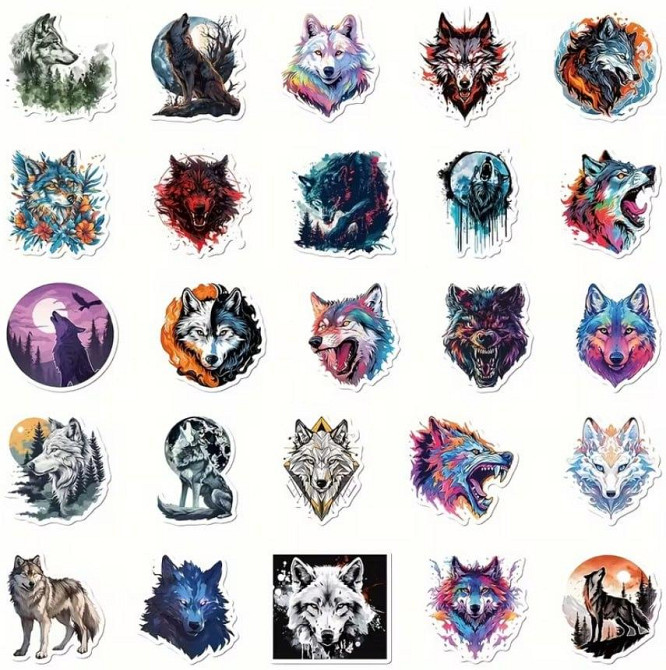 Набор из 50 водостойких наклеек «Волки» | Виниловые наклейки для ноутбука, доски, гитары или скейтборда Киев - изображение 2