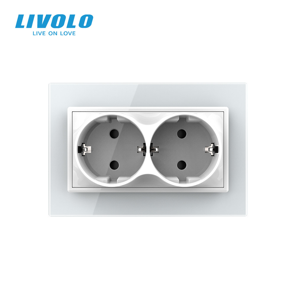 LIVOLO Подвійна електрична розетка в один підрозетник з заземленням LIVOLO, біла, скляна рамка, Коломия - фото 10