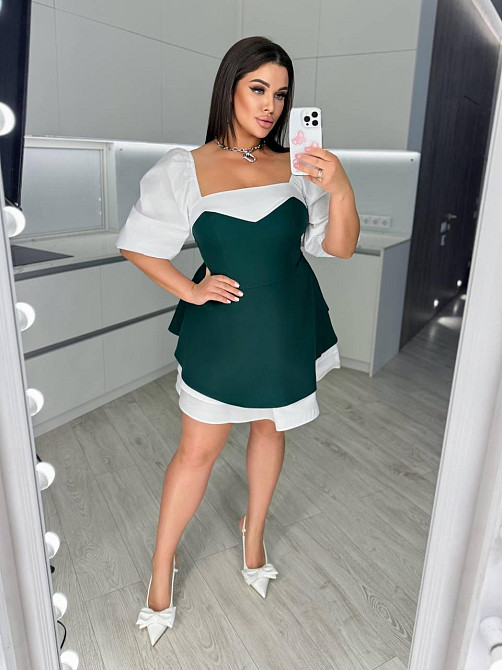 Женское стильное комбинированное мини платье с квадратным вырезом костюмка + 100% белый коттон Изумрудный, 42/44 Одесса - изображение 5