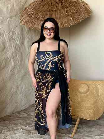 Женский сдельный купальник больших размеров с парео plus size с поролоновыми чашками и принтом бифлекс черный 2XL Одесса