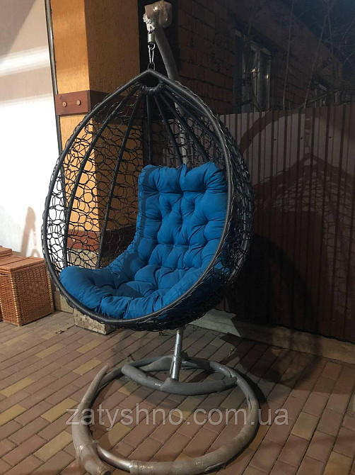 Сірий підвісне кокон-крісло з синьою подушкою Київ - фото 1