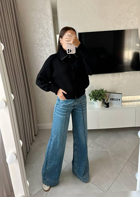 Женская базовая оверсайз кофта с молнией машинная вязка Черный Одесса - изображение 3