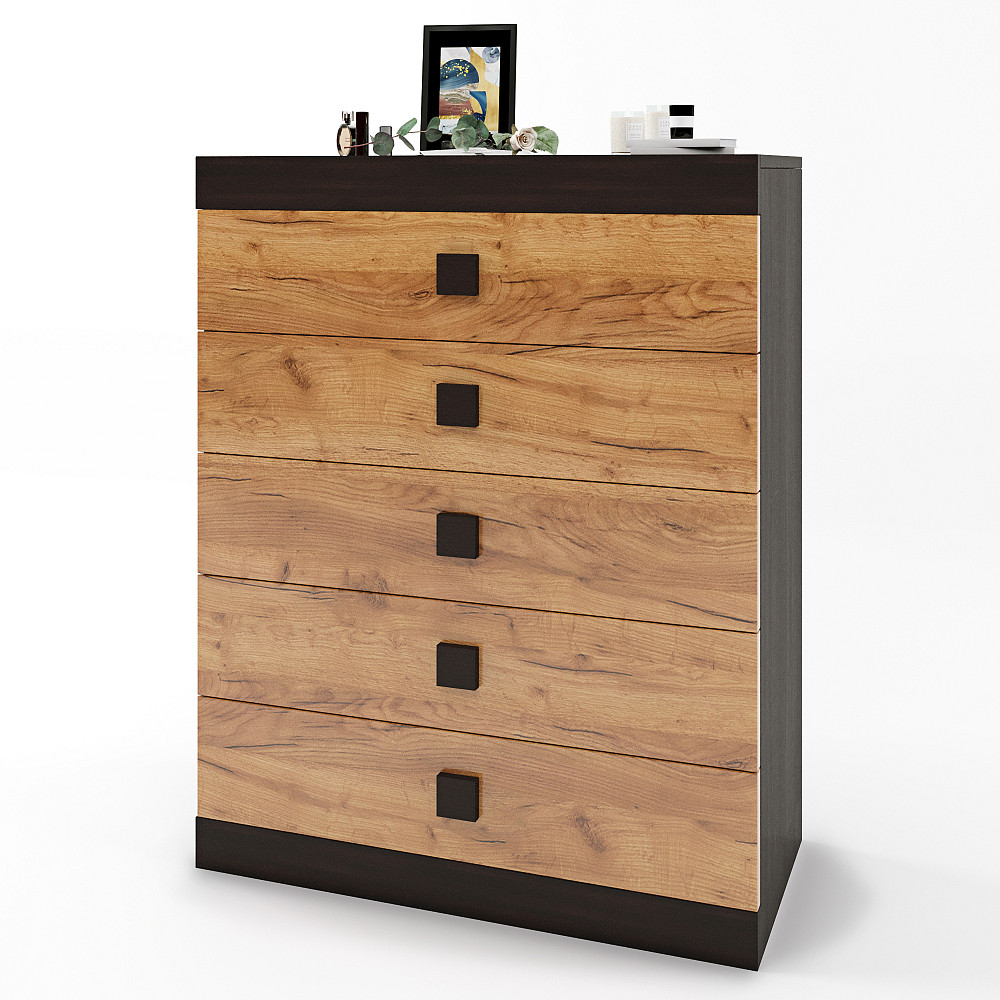 Високий комод Еверест на 5 ящиків Соната-2 80х38х101 венге темний + дуб крафт золотий (DTM-2020) Дніпро - фото 2