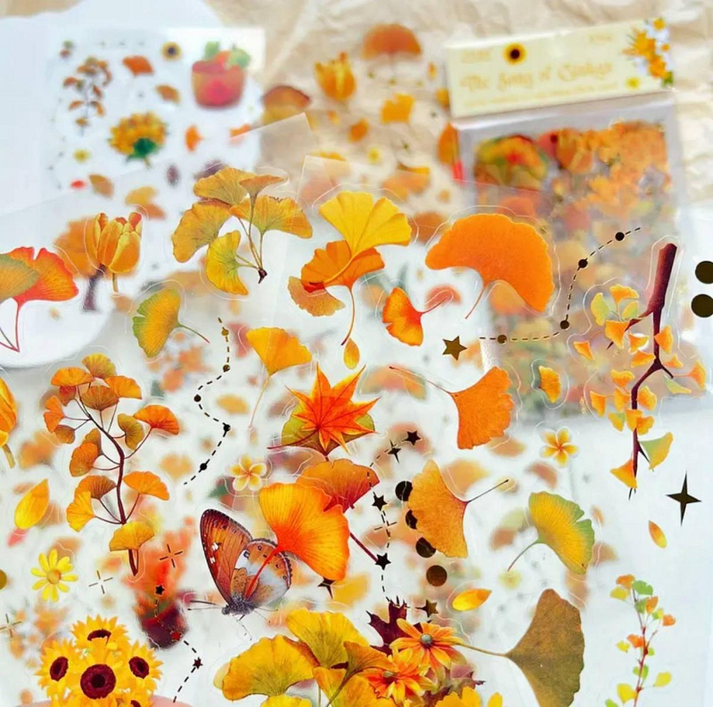 Набір вінтажних стікерів «Пісня гінкго» – 8 аркушів жовте листя 11×19 см Київ - фото 1