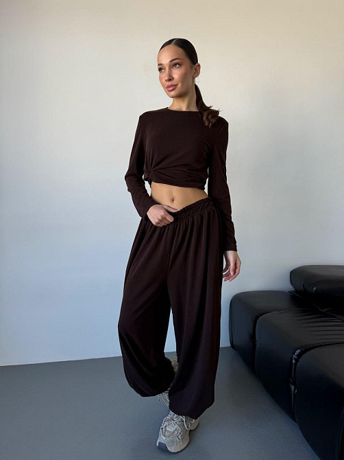 Жіночий повсякденний прогулянковий костюм-двійка: кофта та штани турецька двонитка Шоколадний, 46/48 Одеса - фото 4