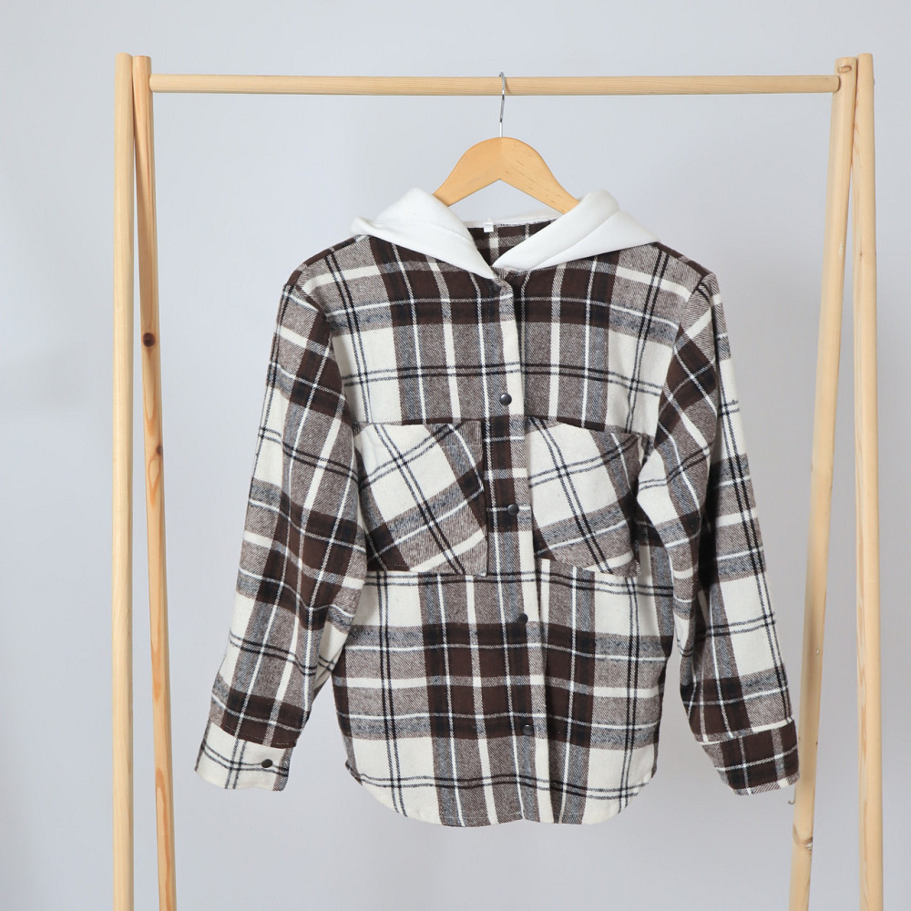Детская теплая кашемировая рубашка в коричневую клетку с капюшоном, для мальчика, для девочки 116 Каменец-Подольский - изображение 1