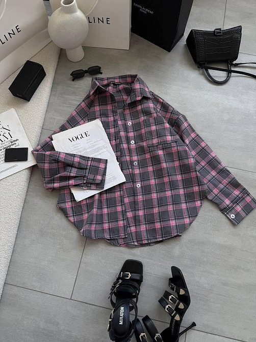 Женская стильная оверсайз рубашка в клетку фланель 100% коттон Серый 2 Одесса - изображение 4