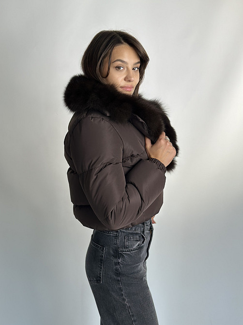 Короткий пуховик женский с мехом Бежевый Светлый Соболь XS-XL, Пуффер, Коричневый Харьков - изображение 2