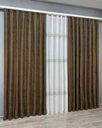 Комплект штор VR-Textil Льон Мармур 150х270 2шт і Тюль 500х270 1261ш-1429т Коричневий з білим 71-176/4 Київ