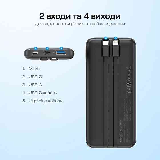 Повербанк 10000mAh Choetech B654 Black 22.5W QC3.0 PD3.0 вбудовані кабелі Type-C та Lightning (43-00147) Київ