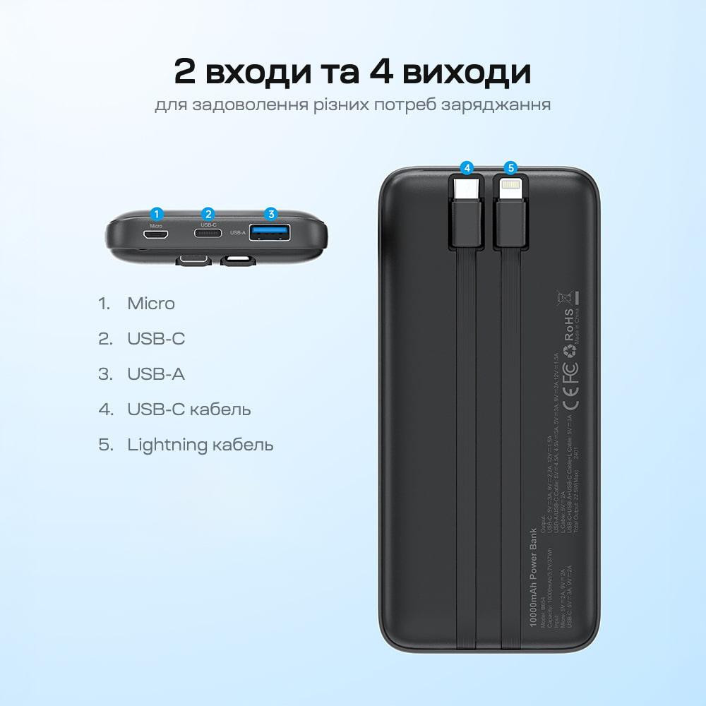 Повербанк 10000mAh Choetech B654 Black 22.5W QC3.0 PD3.0 вбудовані кабелі Type-C та Lightning (43-00147) Київ - фото 4