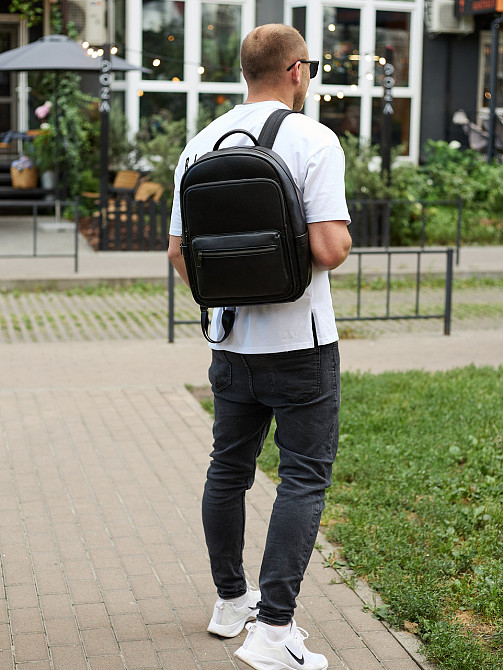 Чоловічий шкіряний рюкзак 41х31х16, універсальний міський наплічник для роботи та поїздок, офісна чоловіча сумка, чорний Київ - фото 10