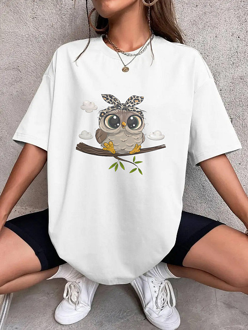 Футболка оверсайз жіноча довга з малюнком Білий Сова 50/52 Харків - фото 1