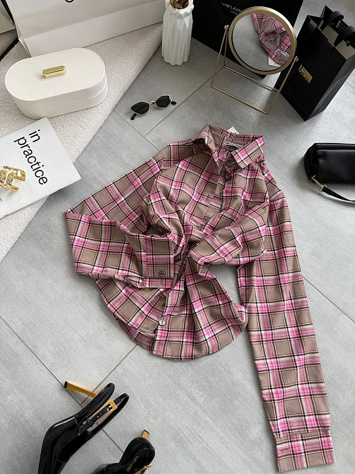 Женская повседневная оверсайз рубашка в клетку костюмный тиар Розовый Одесса - изображение 6