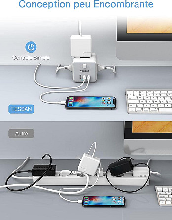 Мережевий подовжувач TESSAN USB Power Strip Cube, 3 розетки, 3 USB-порти, вимикач, 1.5 м, сірий Київ - фото 5