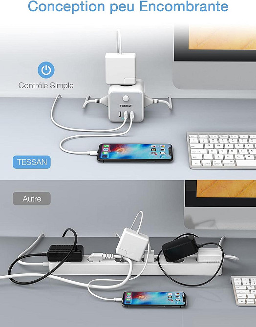 Мережевий подовжувач TESSAN USB Power Strip Cube, 3 розетки, 3 USB-порти, вимикач, 1.5 м, сірий Київ - фото 5