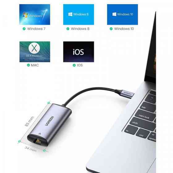 Перехідник USB3.1 Type-C --> Ethernet RJ45 1000Mb CM275 cірий Ugreen (70446) Київ