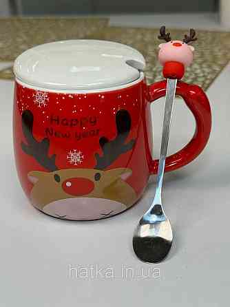 Кухоль з кришкою і ложкою керамічна новорічна Olens "Веселий олень" 370 мл 102-1087 Київ