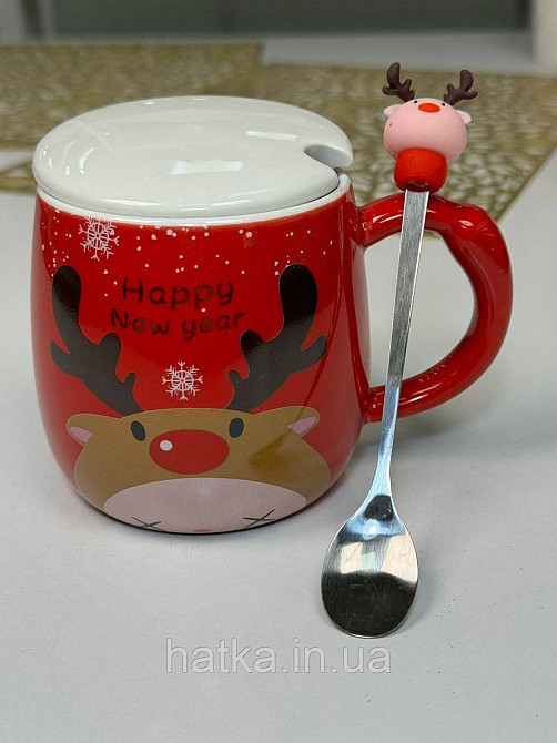 Кухоль з кришкою і ложкою керамічна новорічна Olens "Веселий олень" 370 мл 102-1087 Київ - фото 3