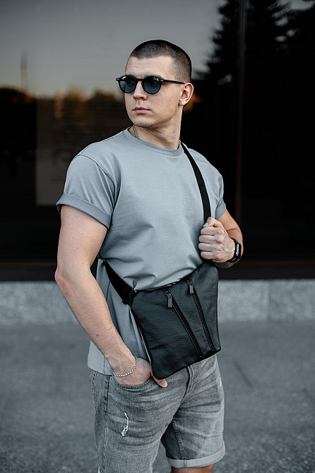 Сумка-слинг из натуральной кожи, сумка через плечо мужская SL026 (Черная) Сумы - изображение 8