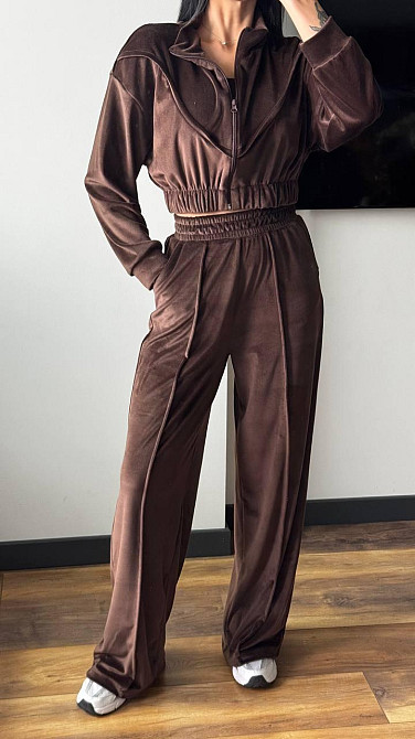 Женский плюшевый костюм тройка: кофта топ и штаны велюр Шоколадный, 44/46 Одесса - изображение 5