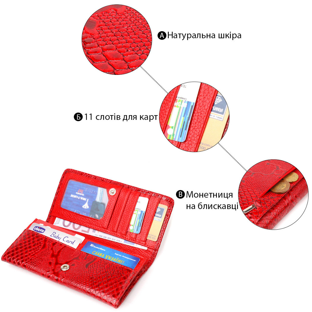 Яркий лакированный кошелек для женщин из натуральной фактурной кожи CANPELLINI 21610 Красный Киев - изображение 7