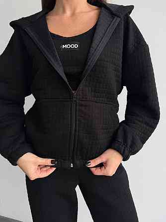 Жіночий прогулянковий костюм-трійка: кофта топ і штани Капітон Чорний, 46/48 Одеса