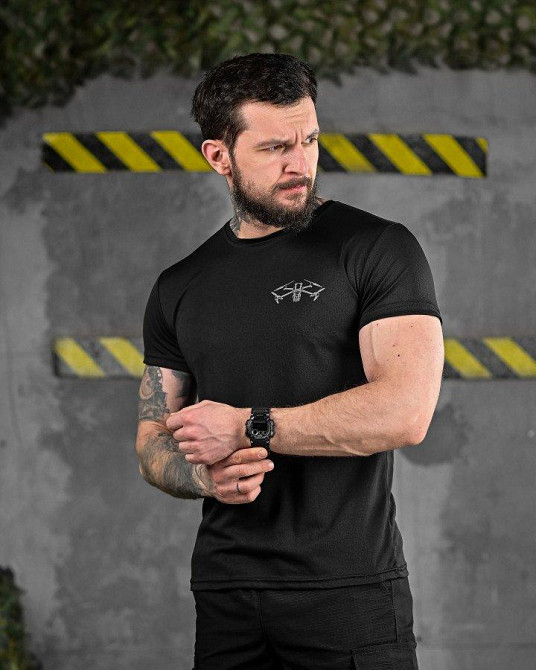 Тактична футболка з відведенням поту Дрон чорна ДЛ6508 Одесса - изображение 3