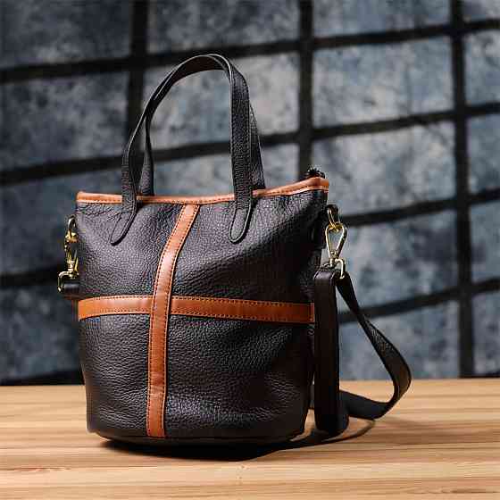 Жіноча шкіряна сумка з коричневою вставкою на лицьовій стороні Чорний (Vintage) Київ