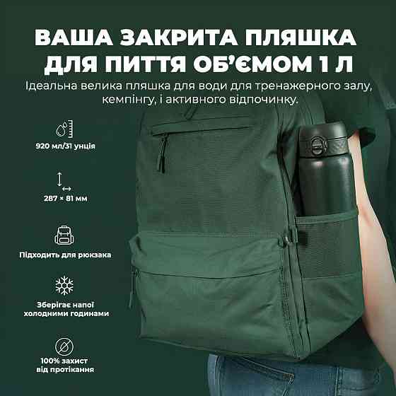 Пляшка для води металева вакуумна ION8 920 мл. Vacuum Insulated, Dark Green Кам'янське