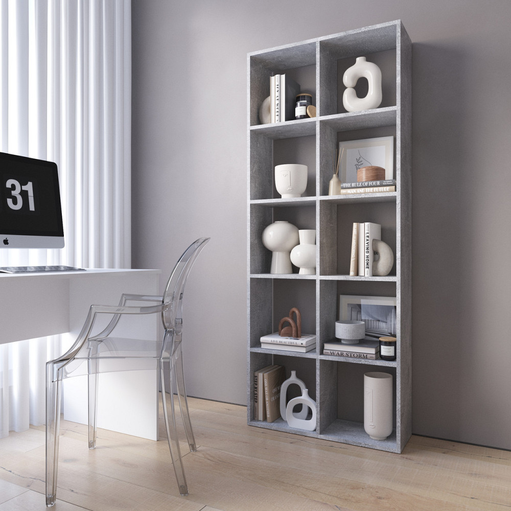 Стеллаж VAYS M-1 Бетон, книжная полка на 10 ячеек, ЛДСП, 72×29×178 см - для дома, офиса, детской или гостиной Львов - изображение 1