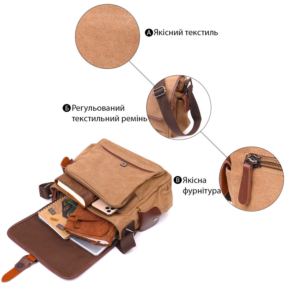 Функціональна чоловіча сумка з клапаном із текстилю Коричнева (Vintage) Київ - фото 8